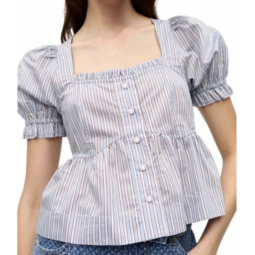 Ganni Striped Cotton Poplin Puff Sleeve Crystal Button Peplum Top Blue Red Sz XS